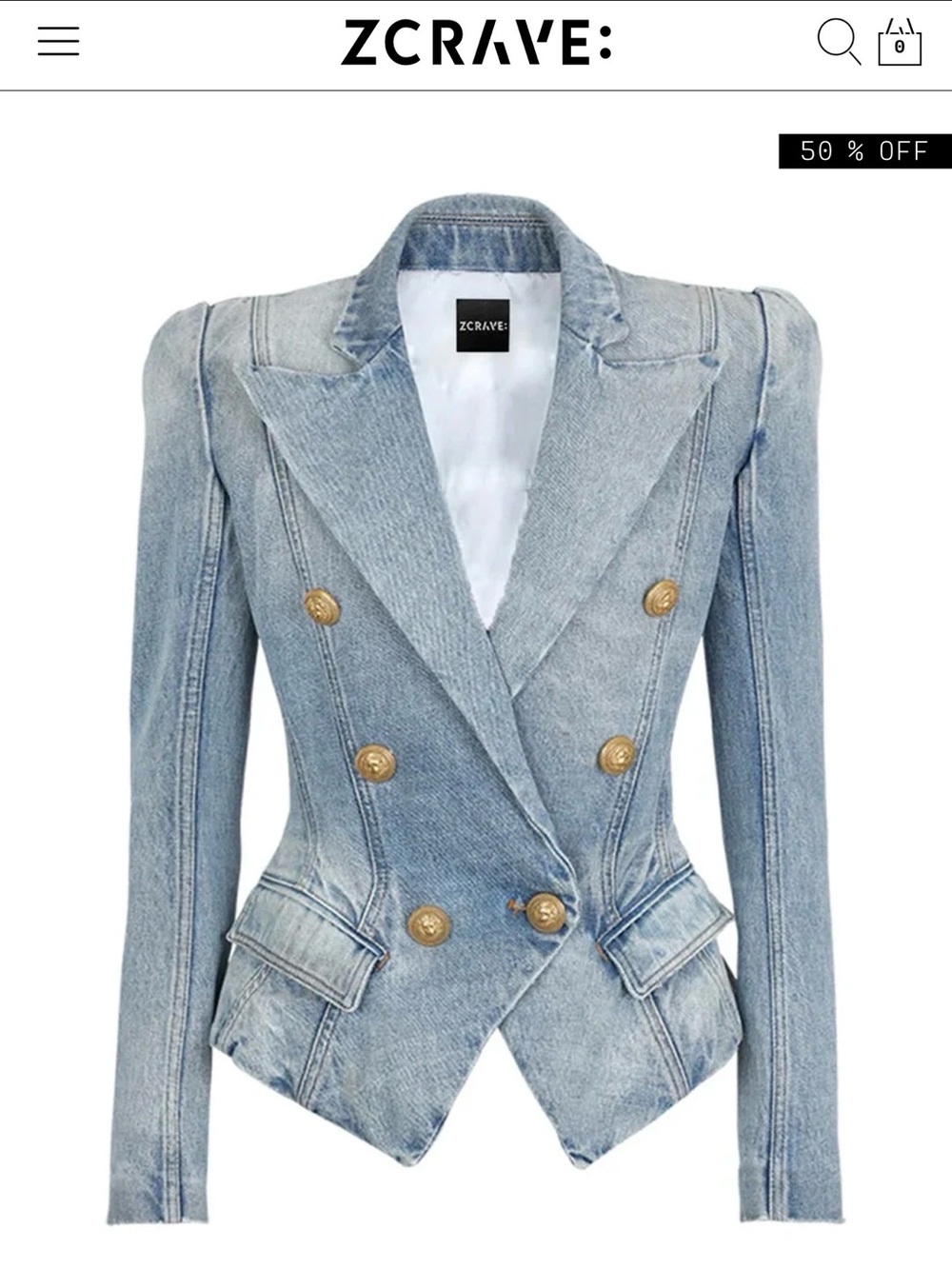 Zcrave Light Blue Denim Double-Breasted Tailored Blazer with Gold Buttons